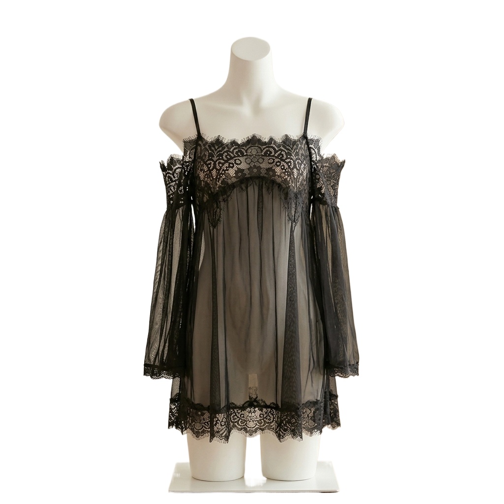 Babydoll Chemise Night - ملابس داخلية نسائية سوداء من الدانتيل